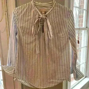 Like New Michael Kors Blue White Strip Tie Blouse Medium